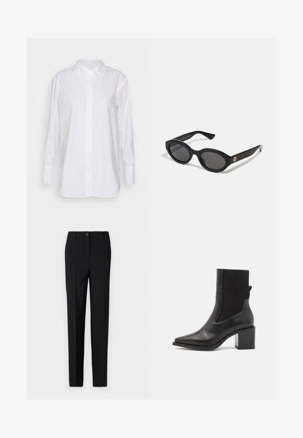 Camicia bianca a maniche lunghe in cotone, con colletto classico, chiusura frontale con bottoni e spacchi laterali per maggiore comodità e libertà di movimento.; Pantaloni neri su misura con un design a gamba dritta, dotati di chiusura a bottone e passanti per la cintura, realizzati in tessuto liscio.; Stivale nero alla caviglia con punta affusolata, realizzato in pelle liscia e tessuto elastico. Caratterizzato da un tacco a blocco e un design minimalista.; Occhiali da sole neri a forma ovale con lenti scure e montatura in plastica lucida. Presentano un logo dorato sulla stanghetta, offrendo un design elegante e moderno.; Borsa a tracolla blu con motivo, realizzata in tessuto, caratterizzata da una forma curva, una tracolla in pelle nera e un logo in una tonalità più chiara.