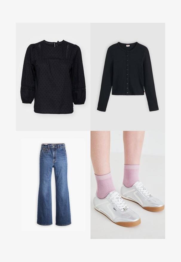 Black blouse with puffed sleeves, textured polka dots, and lace accents on shoulders and cuffs. Round neckline. Soft fabric.; Black ribbed cardigan with a round neckline, featuring long sleeves and a row of six buttons down the front. Soft texture, cropped length.; High-waisted blue denim jeans with a wide-leg design, featuring a front pocket, brass button closure, and contrast stitching.; Silver athletic shoes with white accents and gum rubber soles, paired with ribbed pink socks, showcasing a low-profile design.