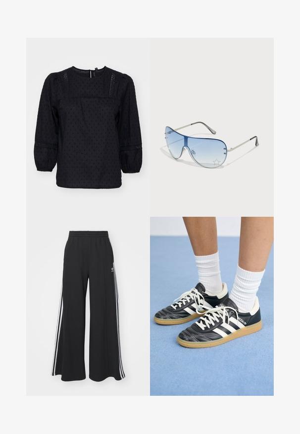 Black blouse with puffed sleeves, textured polka dots, and lace accents on shoulders and cuffs. Round neckline. Soft fabric.; Black wide-leg sweatpants with an elastic waistband, featuring white side stripes and an embroidered logo on the left thigh.; Black leather sneakers with white stripes, round toe, white laces, and gum rubber sole. Accentuated by padded collar and branding details.; Aviator sunglasses featuring a gradient blue lens, silver metal frame, and decorative star accents on the lens. Smooth and sleek design.