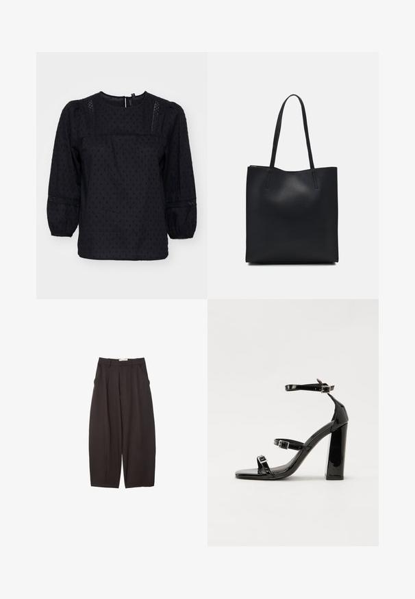 Schwarze Bluse mit Puffärmeln, strukturierten Pünktchen und Spitzenakzenten an den Schultern und Manschetten. Rundhalsausschnitt. Weicher Stoff.; Schwarze weit geschnittene Hosen aus einem glatten Stoff, mit hoher Taille, Frontfalten und Seitentaschen. Schlichtes Design ohne Verzierungen.; Schwarze patentierte Sandalen mit Absatz, quadratischer Spitze, Knöchelriemen und silbernen Schnallen. Mit einem stabilen Blockabsatz für mehr Stabilität.; Schwarze Laptoptasche aus Leder mit glatter Textur, rechteckiger Form und zwei langen Griffen. Keine sichtbaren Beschläge oder Verzierungen.