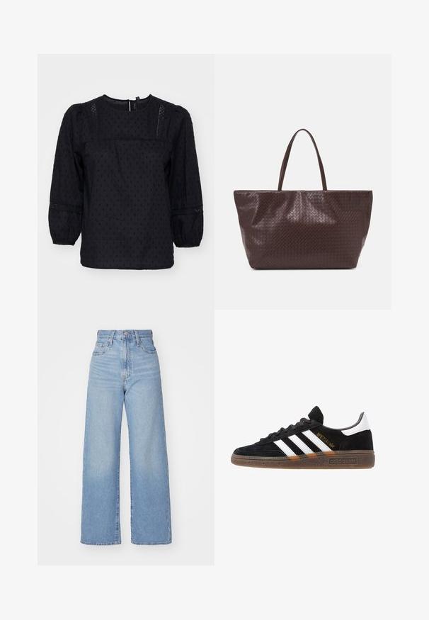 Schwarze Bluse mit Puffärmeln, strukturierten Pünktchen und Spitzenakzenten an den Schultern und Manschetten. Rundhalsausschnitt. Weicher Stoff.; Hellblaue High-Waist-Weite-Leg-Jeans mit Knopf- und Reißverschluss vorne, Vorder- und Rückentaschen, auf weißem Hintergrund.; Schwarzer Adidas Sneaker mit weißen Streifen, goldenem "Spezial"-Text, Gummisohle und weißem Fersenbereich, seitliche Ansicht.; Braune geflochtene Leder-Totetasche mit zwei Griffen, einer strukturierten Form und einer strukturierten Oberfläche, die ein durchgängiges Rautenmuster aufweist.