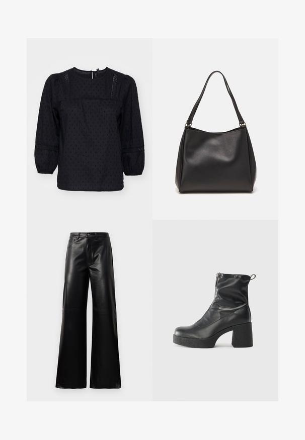 Blusa nera con maniche a palloncino, pois testurizzati e dettagli in pizzo su spalle e polsini. Collo rotondo. Tessuto morbido.; Pantaloni ampi a vita alta in ecopelle neri con bottone frontale, chiusura con zip, passanti per cintura e tasche laterali su sfondo bianco.; Stivali neri alla caviglia in pelle liscia, con zip laterale, tacco spesso e texture, e punta arrotondata.; Borsa a tracolla nera in pelle sintetica con una texture morbida, forma hobo e doppi manici; presenta una finitura lucida e un design minimalista.