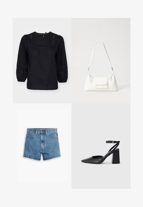 Černá blůza s kouřovými rukávy, texturovanými puntíky a krajkovými akcenty na ramenou a manžetách. Kulatý výstřih. Měkká tkanina.; Džínové šortky v světle modré barvě, s pěti kapsami, zipovým zapínáním a knoflíkovým uzávěrem. Lem je roztrhaný s uvolněným střihem.; Černé kožené lodičky se špičatou špičkou, kotníkovým páskem a silným podpatkem. Hladká textura, elegantní design a minimalistická estetika.; Bílá syntetická kabelka v trojúhelníkovém tvaru, s plochým předním klopným víkem a detailem mašle, nastavitelným popruhem, hladkým povrchem a minimalistickým designem.