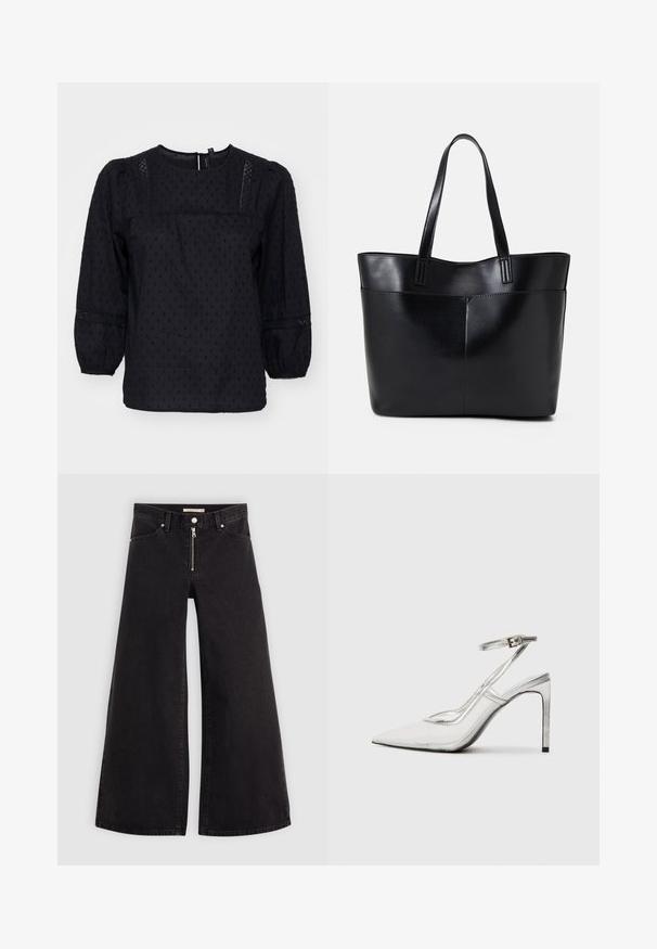 Juoda bliuska su pūstomis rankovėmis, tekstūruotais taškeliais ir nėrinių akcentais ant pečių bei rankogalių. Apvalus iškirpimas. Minkšta medžiaga.; Plačios kojų džinsai iš juodo džinsinio audinio su užtrauktuku priekyje, penkių kišenių dizainu ir subtiliais siuvinėjimo akcentais. Lygus paviršius ir laisvalaikio stilius.; Aiškūs stiletto kulniukai su smailiu padu, skaidria medžiaga, metaliniais sidabriniais akcentais ir reguliuojama kulkšnies juosta.; Juoda odinė rankinė su dviem ilgais diržais, lygiu paviršiumi ir struktūrizuota forma. Yra priekinė kišenė papildomam saugojimui.