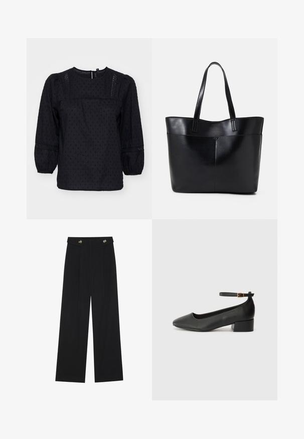Melnā blūze ar pūkainām piedurknēm, ar tekstūrētām punktiņām un mežģīņu akcentiem uz pleciem un piedurknēm. Apaļa kakla izgriezums. Mīksta auduma.; Melnas platās bikses ar augstu jostasvietu, pogu detaļām uz jostas un priekšējām krokām.; Melnas ādas sūkņi ar smailu purngalu un zemu bloku papēdi. Iezīmēts ar potītes siksniņu ar zelta krāsas sprādzi. Gluda tekstūra.; Melnas ādas iepirkumu soma ar divām garām rokturām, gludu tekstūru un strukturētu formu. Iekļauj priekšējo kabatu papildu uzglabāšanai.