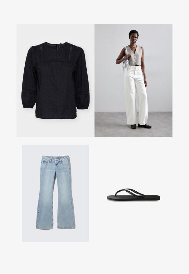 Blusa nera con maniche a palloncino, pois testurizzati e dettagli in pizzo su spalle e polsini. Collo rotondo. Tessuto morbido.; Weekday NOVA - Jeans slim fit - lip blue; Infradito neri con suola in gomma testurizzata, due cinghie sottili e un sottile dettaglio del logo impresso sulla cinghia.; Gilet grigio corto con bottoni, abbinato a jeans bianchi a gamba larga e scarpe basse nere. Accessoriato con una piccola borsa argento con frange.