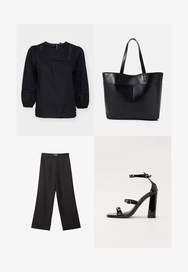 Schwarze Bluse mit Puffärmeln, strukturierten Pünktchen und Spitzenakzenten an den Schultern und Manschetten. Rundhalsausschnitt. Weicher Stoff.; Schwarze weite Hosen aus glattem Stoff, mit einem Reißverschluss vorne und zwei seitlichen Taschen, maßgeschneiderter Passform und minimalistischem Design.; Schwarze Lackleder-Sandalen mit hohen Absätzen, zwei Riemen mit Schnallen, quadratischer Zehenpartie und klobigem Blockabsatz, mit einer glatten, glänzenden Textur.; Schwarze Leder-Shopper-Tasche mit zwei langen Griffen, einer glatten Textur und einer strukturierten Form. Verfügt über eine Vordertasche für zusätzlichen Stauraum.