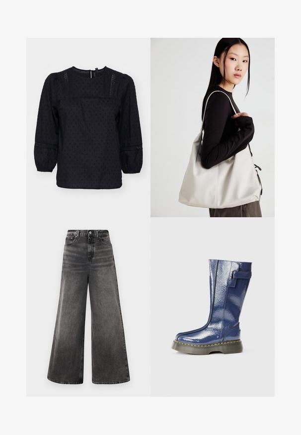 Blusa preta com mangas bufantes, bolinhas texturizadas e detalhes em renda nos ombros e punhos. Decote redondo. Tecido suave.; Calças de ganga pretas de perna larga com um efeito desbotado, design de cinco bolsos e fecho de botão na cintura, apresentando detalhes costurados.; Bota azul, brilhante, até ao joelho, com bico arredondado, fecho lateral e detalhes de costura verticais. Apresenta uma sola de plataforma grossa e preta com costura amarela.; Uma bolsa bege feita de material macio, com um design descontraído, detalhes de costura e duas alças para o ombro. Adequada para uso diário.