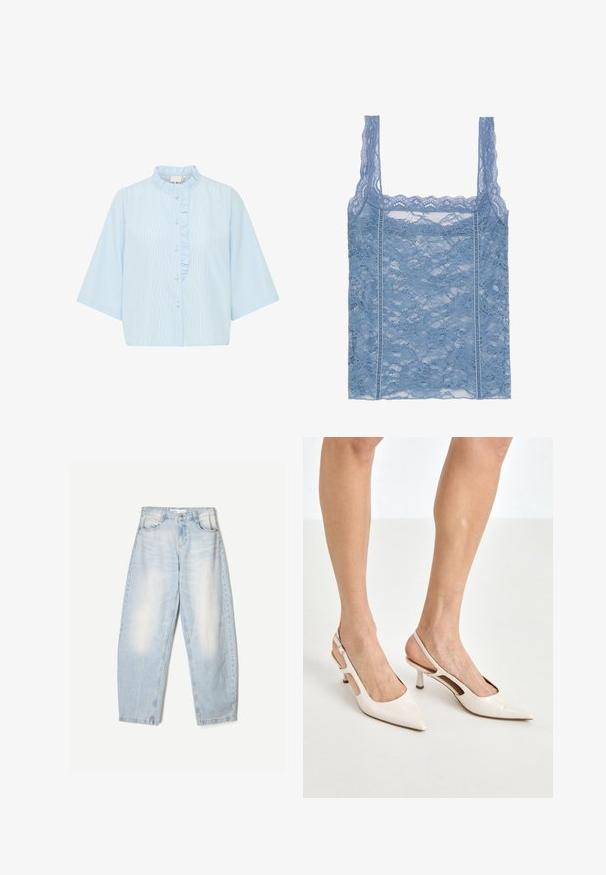 Svijetloplava košulja na gumb s kratkim rukavima, koja ima uspravne bijele pruge i čipkast rub duž dugmeta. Pamuk.; Svetlo modra čipkasta majica brez rokavov z tankimi naramnicami, ki ima obrobo s pisanjem in cvetlični vzorec, zasnovana za oprijet kroj.; Svijetloplave traperice slobodnog kroja, s izbjeljenom završnom obradom, dva prednja džepa i kopčom na gumbe na pojasu.; Bež lakirane usnjene čevlje na peto s koničastim nosom in 5 cm visokim peto, ki imata izrezane stranice in tanko zanko okoli gležnja.