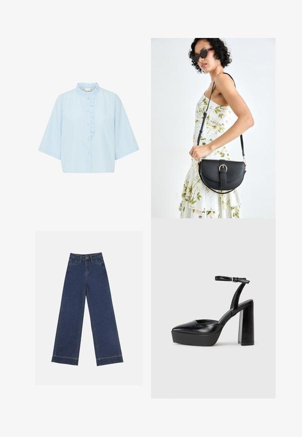 Hele helesinine nööbiga särk lühikeste varrukatega, millel on vertikaalsed valged triibud ja frill nööpide ääres. Puuvillane materjal.; Laiad püksid tumedast sinisest denimist. Omab viit taskut, vöölõke ja toore äärega allosas, kus on nähtavad õmblused.; Mustad platvormi kontsad terava ninaga ja reguleeritava pahkluuraamiga. Valmistatud siledast nahast, funktsioneerib massiivse plokknäheeliga.; Mustmust mustraha kõverate joontega, eemaldatava rihmaga ja kuldsete detailidega. Kotil on klapp, millel on pandladetail.