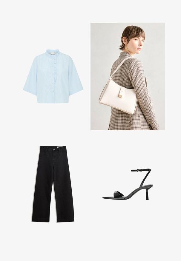 Camicia azzurro chiaro con maniche corte, caratterizzata da strisce bianche verticali e un volant lungo il chiusura dei bottoni. Materiale in cotone.; Pantaloni in denim neri a gamba larga con vita alta, dotati di tasche anteriori e posteriori, cuciture a punto, e chiusura con bottone. Texture liscia.; Bershka Sandali con tacco - black; Borsa a mano in pelle bianca con un design strutturato, presente di un clasp magnetico e una tracolla, esposta su uno sfondo neutro.