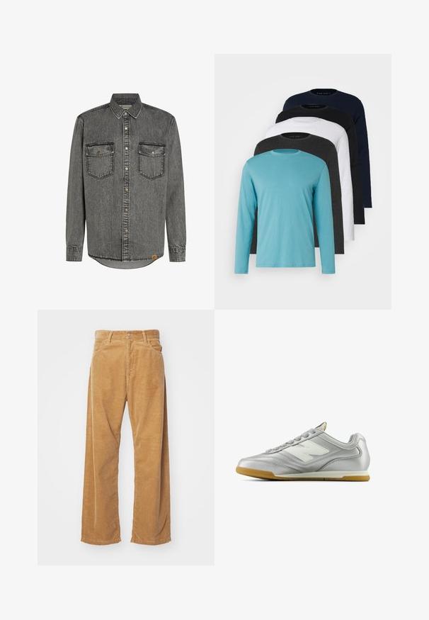 Grå denimskjorte med lange ærmer, knaplukning, to brystlommer og kontrastsyede detaljer. Rundet kant og label på siden.; Fem langærmede T-shirts i en række: turkis, sort, hvid, mørkegrå og navyblå. Blødt stof med rund halsdesign og standard pasform.; Bredde corduroybukser i en tan farve. Har teksturerede, vertikale ribber, en standard talje og to frontlommer.; Sølv atletiksko med en glat, skinnende overflade, hvidt logo på siden, teksturerede grå snørebånd og en gummigummisål.