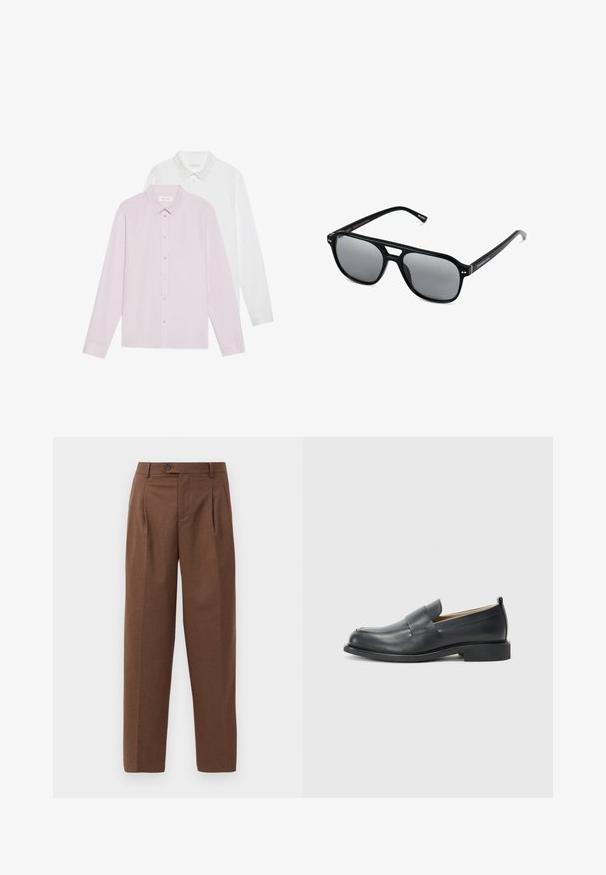 Dwie koszule z długim rękawem: jedna jasnoróżowa, druga biała. Obie z wywijanymi kołnierzykami i zapięciem na guziki. Gładki materiał bez wzorów.; Brązowe spodni z taliowanym krojem, prostym fasonem, widocznymi plisami, kieszeniami z przodu oraz jednym guzikiem przy pasie. Gładka faktura.; Czarne skórzane mokasyny z gładkim wykończeniem, płaską podeszwą i zaokrąglonym czubkiem, ozdobione paskiem na górze.; Czarne okulary przeciwsłoneczne z prostokątnymi oprawkami, szarymi soczewkami i wycięciem w mostku. Gładki, błyszczący materiał plastikowy, z wąskimi zausznikami.