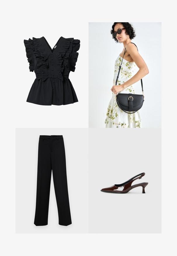 Blusa negra sin mangas con escote en V profundo, detalles con volantes en la parte delantera y los hombros, y botones forrados de tela en el centro.; Pantalones de pierna ancha negros, hechos de un tejido suave, con una cintura clásica que incluye un cierre de botón y pliegues frontales.; Zapato slingback de charol marrón con punta afilada y tacón moderado. Cuenta con una correa con hebilla para un ajuste seguro. Textura suave.; Bolso de piel negra con forma curva, correa desmontable y herrajes dorados. El bolso cuenta con una solapa con un detalle de hebilla.