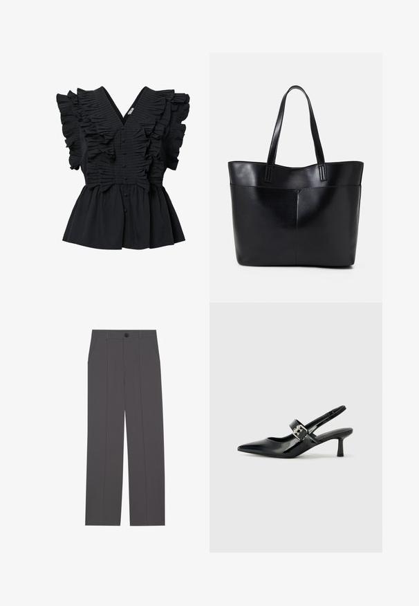 Schwarze ärmellose Bluse mit tiefem V-Ausschnitt, Rüschenverzierungen an der Vorderseite und den Schultern sowie stoffüberzogenen Knöpfen in der Mitte.; Graue Hose im geraden Schnitt, mit zwei seitlichen Taschen und einem Knopfverschluss. Glattes Material ohne sichtbare Muster oder Akzente.; Schwarze Lackleder Slingback-Absätze mit spitzem Zeh und kleinem Blockabsatz, ausgestattet mit einem silbernen Schnallenakzent am Riemen.; Schwarze Leder-Shopper-Tasche mit zwei langen Griffen, einer glatten Textur und einer strukturierten Form. Verfügt über eine Vordertasche für zusätzlichen Stauraum.