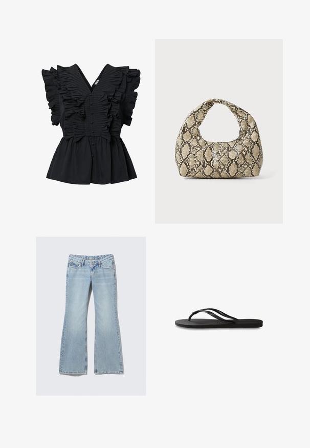 Crna bezrukavna bluzica s dubokim V-izrezom, nabranim detaljima duž prednje strane i ramena, te dugmadima obloženim tkaninom niz središnji dio.; Weekday NOVA - Traperice uskog kroja - lip blue; Crne japanke s teksturiranom gumenenom potplatom, dva uska remena i suptilnim, urezanim logom na remenu.; Torba s uzorkom zmije s zakrivljenom drškom. Izrađena od teksturiranih materijala u bež i smešnim tonovima, sa karakterističnim dijamantnim uzorkom.