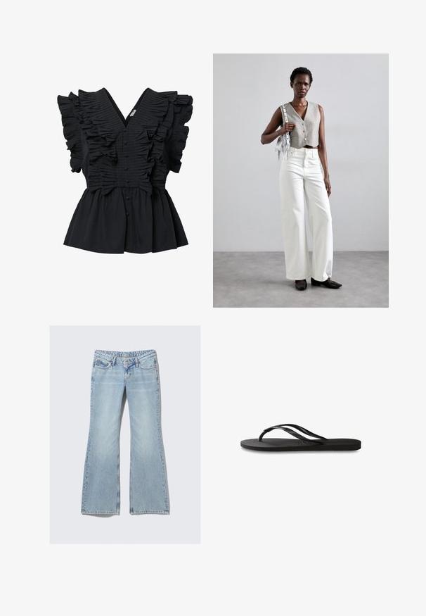 Bluză fără mâneci, de culoare neagră, cu decolteu adânc în V, detalii cu volane pe față și umeri, și nasturi acoperiți din material pe centru.; Weekday NOVA - Blugi slim fit - lip blue; Încălțăminte tip flip-flop neagră cu o talpă din cauciuc texturat, două bretele subțiri și un detaliu discret, embosat cu logo pe bretea.; Vest gri scurt cu nasturi, asortat cu blugi albi evazați și pantofi negri fără toc. Accesorizat cu o geantă mică cu franjuri din argint.