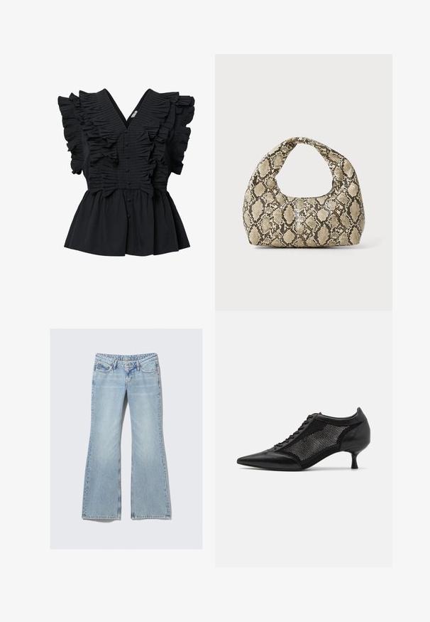 Czarna bluzka bez rękawów z głębokim dekoltem w kształcie litery V, z falbanami na przodzie i ramionach oraz guzikiem pokrytymi tkaniną na środku.; Weekday NOVA niebieski; Czarny but na szpilce z ostrym noskiem, z panelem z siateczki, z niskim obcasem i sznurowanym przodem. Wykonany z połączenia skóry i materiału siateczkowego.; Torebka w wężowy wzór z zakrzywionym uchwytem. Wykonana z teksturowanych, beżowych i brązowych materiałów, z charakterystycznym wzorem w diamenty.