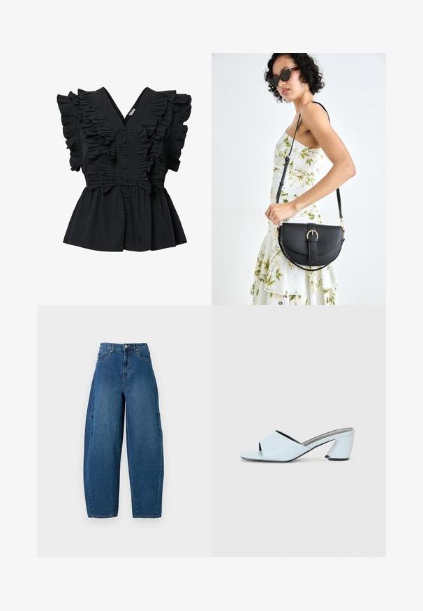 Fekete ujjatlan blúz mély V-kivágással, fodros díszítéssel elöl és a vállakon, valamint anyaggal borított gombokkal a középen.; Közepes kék mosású farmernadrág, magas derékkal, széles lábszárral és hagyományos öt zsebes kialakítással, látható varrási részletekkel.; Világoskék, nyitott orrú, sarkú mules cipő geometrikus mintázattal, széles pánttal a lábfejen és tömzsi, szögletes sarkal.; Fekete bőrtáska ívelt formával, levehető pánttal és arany színű fémrészekkel. A táskán egy csattal díszített fedél található.