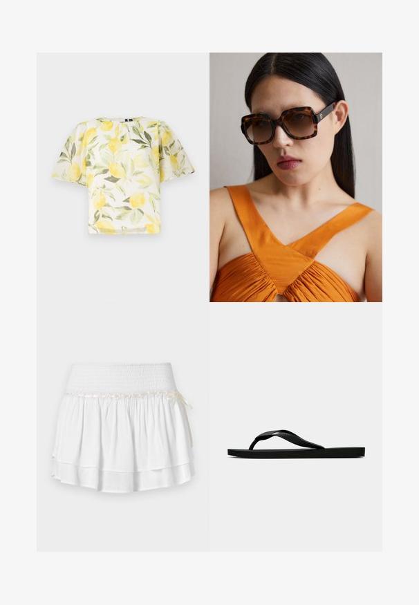 Balta trumpomis rankovėmis bluzonė su citrinos ir lapų raštu. Lengvas, šiek tiek permatomas audinys, apvaliu iškirpimu ir laisvu siluetu.; Balta sluoksniuota sijonas su elastinga juostele, pasižymintis tekstūruota surišimo detale ir dekoratyvine juostos akcentu. Pagamintas iš medvilnės.; Juodas gumos šlepetės tipo sandalai su tekstūruota dirželiu ir paprastu plokščiu padu, rodomi iš šono ant vientiso šviesaus fono.; Rudos tortožuotas dideli akiniai nuo saulės su plačiu stačiakampiu rėmu ir gradientiniais lęšiais. Aukso logotipo detalė šone.