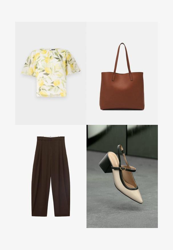 Biela blúzka s krátkym rukávom a vzorom citrónov a lístia. Ľahký, mierne priesvitný materiál s okrúhlym výstrihom a voľným strihom.; Hnedé nohavice s vysokým pásom a skladaním, vyrobené z hladkej tkaniny. Voľný strih, rovný strih nohavíc, s pútkami na opasok a so zipsom.; Béžová lodička so špicatou špičkou, s čiernym lemom, zlatou prackou a robustným blokovým podpätkom na šedom podlahe s tmavozeleným pozadím.; Hnedá kožená taška na rameno s hladkou textúrou, otvoreným vrchom a dvoma ramenými popruhmi. Má minimálne šitia a žiadne viditeľné kovania.