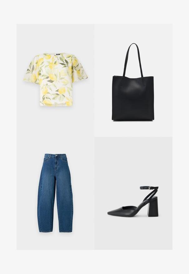 White short-sleeve blouse with a lemon and leaf pattern. Lightweight, slightly sheer fabric with a rounded neckline and loose fit.; Denim jeans in a medium blue wash, featuring a high waist, wide leg cut, and standard five-pocket design with visible stitching details.; Black leather pointy-toe pump with an ankle strap and a chunky heel. Flat texture, sleek design, and minimalistic aesthetics.; Black leather tote bag with smooth texture, rectangular shape, and two long handles. No visible hardware or embellishments.