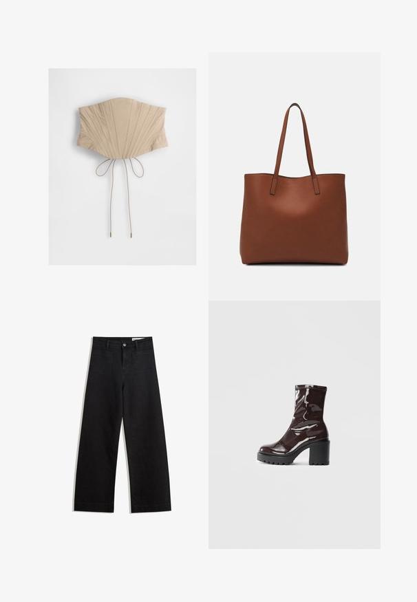 Beige korsettop med lodrette plisseringer, der indeholder en indsnævret talje og justerbare bånd bagpå med metalliske spidser. Glat stoftekstur.; Sorte wide-leg denim bukser med høj talje, der har front- og baglommer, syede sømme og en knaplukning. Glat tekstur.; Glatte burgunder ankelstøvler med en chunky sort hæl, der har en glat tekstur og et simpelt design. Ingen synlige lukninger eller mønstre.; Brun læder tote taske med en glat overflade, åben topdesign og to skulderremme. Har minimal syning og ingen synlig hardware.