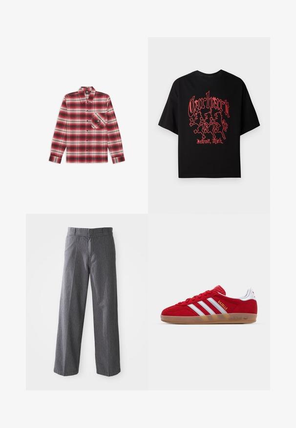 Rood-witte geruite langemouwen blouse met een knoopsluiting en één borstzak. Gemaakt van zachte stof, met een ruitpatroon.; Zwarte T-shirt met korte mouwen van katoen, voorzien van een opvallende rode grafische print met drie leeuwfiguren en de tekst "Carhartt, Detroit, Mich."; Grijze pinstripe wijde broek met riemlussen, vlakke voorkant en rechte onderranden, weergegeven tegen een witte achtergrond.; Rode suède sneaker met een witte drie-strepenontwerp en gouden "Gazelle" tekst. Beschikt over een rubberen gumzool en een gestructureerde hiel.