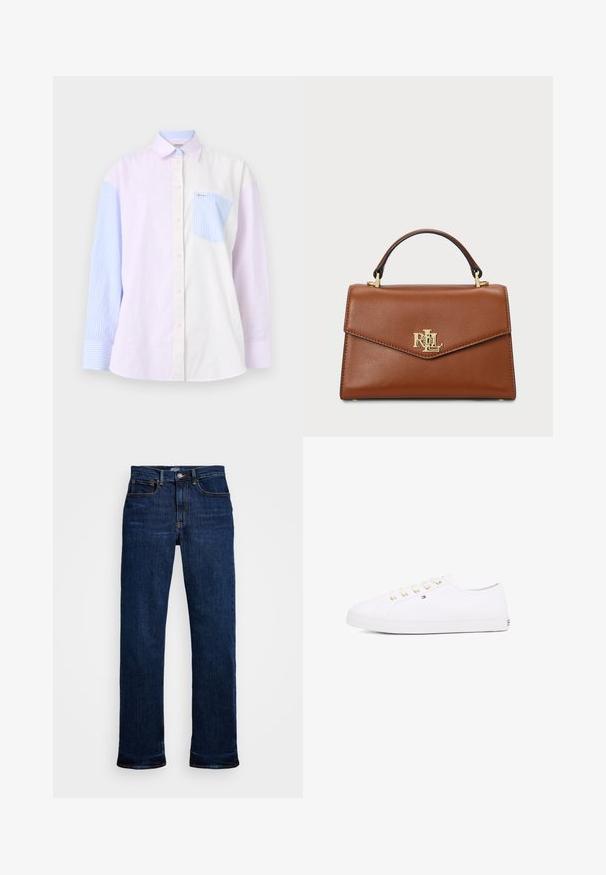 Camisa a rayas con bloques de color en púrpura claro, azul y blanco. Tiene un cierre de botones en la parte delantera, cuello y un bolsillo en el pecho con una franja azul.; Jeans de mezclilla azul oscuro con corte recto, que cuentan con cinco bolsillos, costuras de cobre y un cierre clásico de botón.; Zapatillas de lona blancas con ojales dorados, cordones planos, suela de goma texturizada y un branding mínimo en el lateral. Diseño de perfil bajo.; Bolso de mano de cuero marrón con un diseño estructurado, asa superior, herrajes dorados y un acento de logo en el frontal. Textura suave.