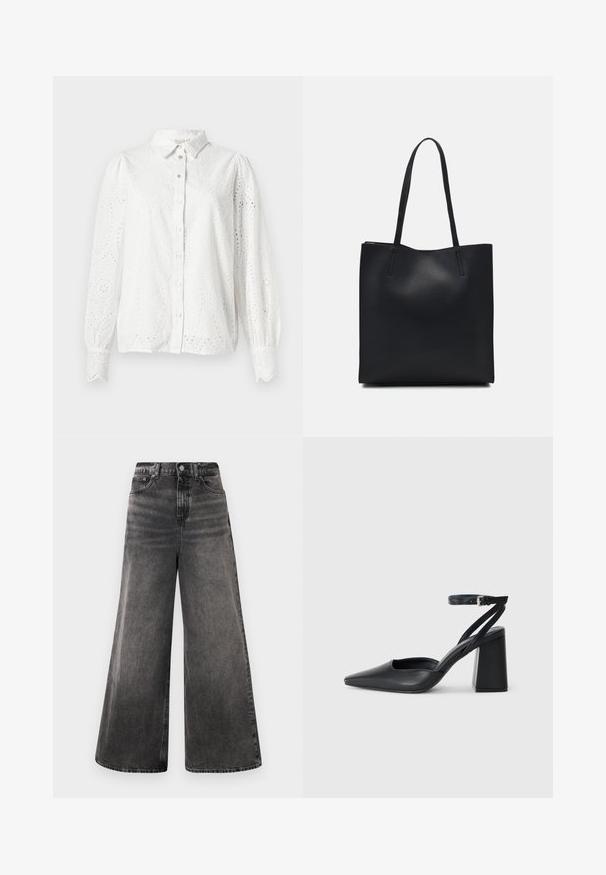 Weißes Baumwollhemd mit langen Ärmeln, Knopfleiste und Lochmuster mit einem Paisleymuster. Abgerundeter Kragen und geraffte Bündchen.; Schwarze Jeans im weit geschnittenen Stil aus Denim mit einer ausgebleichten Waschung, Fünf-Taschen-Design und einem Knopfverschluss am Bund, ausgestattet mit gestickten Akzenten.; Schwarze Leder-Pumps mit spitzer Zehe, einem Knöchelriemen und einem blockigen Absatz. Flache Textur, elegantes Design und minimalistische Ästhetik.; Schwarze Laptoptasche aus Leder mit glatter Textur, rechteckiger Form und zwei langen Griffen. Keine sichtbaren Beschläge oder Verzierungen.