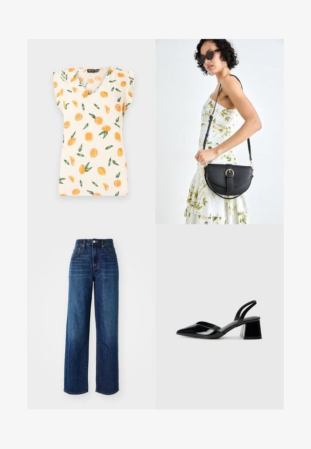 Kremfarget topp med V-hals og korte ermer, prydet med mønstre av oransje frukter og grønne blader. Laget av lett stoff.; Mørkeblå denimjeans med høy midje, vid bendesign, front- og baklommer, og subtil falming. Metallbeslag på livlinjen.; Svarte patentlær slingback hæler med spiss tå og geometrisk blokk hæl. Har et stilrent, minimalistisk design og jevn tekstur.; Svart lærveske med en buet form, avtagbar stropp og gullbeslag. Vesken har et klaff med spenne-detall.