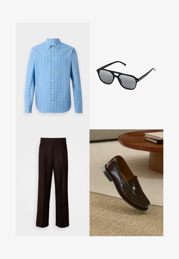 Vaaleansininen ruudullinen nappipaita, jossa on pitkät hihat, kauluspaita ja yksi rintatasku. Ominaisuuksiin kuuluvat valkoiset ja mustat ruutuerottelut.; Ruskea räätälöity housut suoran lahkeen muotoilulla, joissa on etupleetti, sileä pinta ja klassinen vyötärö. Sopii virallisiin tilaisuuksiin.; Ruiskeanruskeat nahkalenkkarit kiiltävällä pinnalla, joissa on ommeltu yksityiskohta edessä ja matala musta kumipohja.; Mustat aurinkolasit suorakulmaisilla kehyksillä, harmaasävyisillä linsseillä ja siltaleikkauksella. Tyylikäs, kiiltävä muovimateriaali, kapeilla temppeleillä.