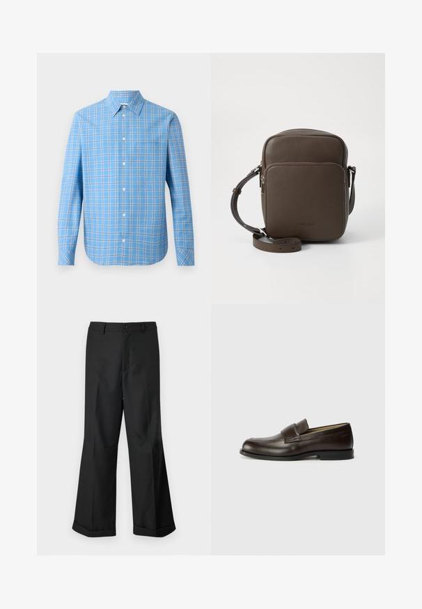 Lys blå rutete skjorte med knappestolpe og lange ermer, kragehals og en enkelt brystlomme. Har hvite og svarte rutenetttoner.; Svart vide buks med knappet midjebånd og oppbrettede nederkant, vist mot en enkel hvit bakgrunn.; Calvin Klein Slippers - cocoa brown; Brun skinn crossbody-veske med teksturert overflate, rektangulær form, frontlomme med glidelås og justerbar stropp. Logo vist på forsiden.