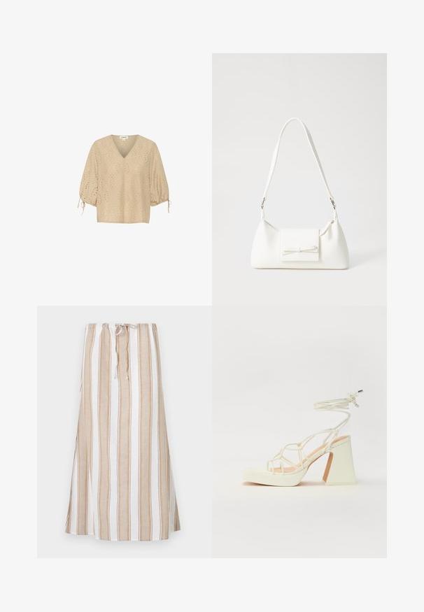 Šviesiai rudos spalvos V-žnyplė palaidinė su trumpomis pūsto rankovėmis, puošta deimantų raštais ir išpjovomis. Medžiaga yra lengva ir tekstūruota.; Dryžuota sijonas balta ir šviesiai ruda, su raukšlėja juosmeniu ir ilga, laisvai krentanti forma. Pagaminta iš lengvos medžiagos, su laisvu iškirpimu.; Balti aukštakulniai sandalai su masyviu kulnu, su dirželių dizainu ir kulkšnies raiščiu. Lygi tekstūra su platforma priekyje, suteikianti papildomą aukštį.; Balta sintetinė rankinė trikampio formos, plokščiu priekiu su užsegimu, kaspino detale, reguliuojama dirželiu, lygia tekstūra ir minimalistišku dizainu.