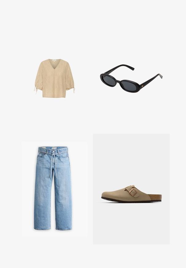 Beige V-kaula paita lyhyillä kuplamaisilla hihoilla, joissa on timanttikuviot ja läpivientiyksityiskohtia. Materiaali on kevyt ja teksturoitu.; Pitkähihaisen puuvillapaitaan, jossa on mustavalkoiset vaakaraitat, pyöreä kaula-aukko ja pehmeä rakenne. Ei näkyviä metalliosia tai koristeita.; Vaaleansiniset farkut leveillä lahkeilla, joissa on korkea vyötärö, nappi- ja vetoketjukiinnitys sekä narutasku vyötäröllä. Raaka helma.; Beige klootziga muudest jalatsitest ümara varbaga, reguleeritava pandla aktsendiga ja korkjalatsiga. Tekstureeritud pind mustast kummist tallaga haardeks.; Mustat ylisuuruiset aurinkolasit, jotka ovat soikeat linssit, sileä muovikehys ja kultaiset korostukset temppeleissä. Tummat linssit tarjoavat suojaa auringolta.