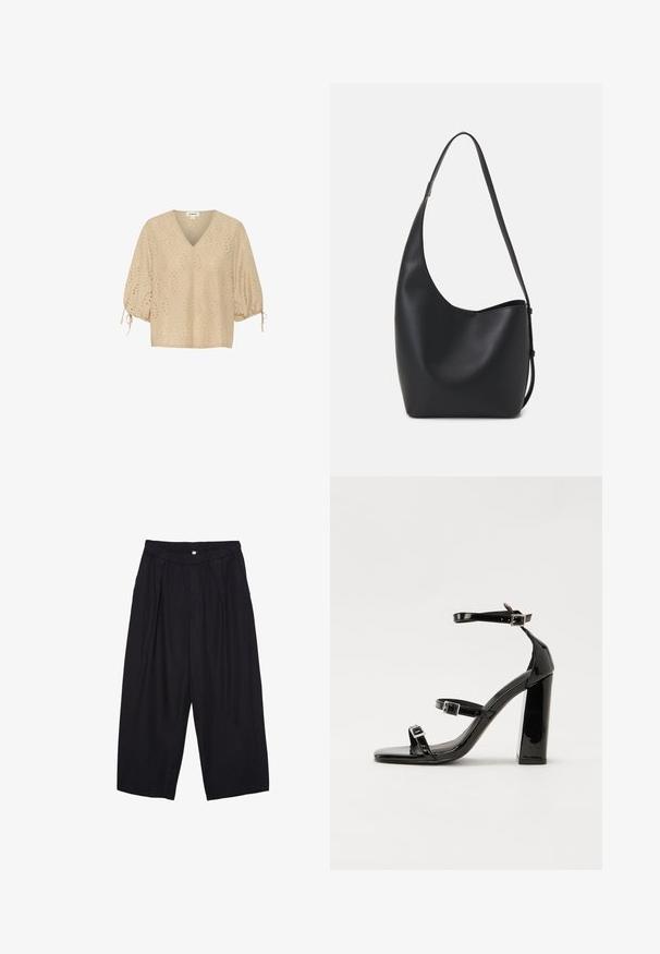 Beige V-neck blouse with short balloon sleeves, featuring diamond patterns and cut-out detailing. Material is lightweight and textured.; Black polyester culotte pants with an elastic waistband, two front pleats, and a loose silhouette. No visible patterns or hardware details.; Black patent heeled sandals with a square toe, ankle straps, and silver buckles. Features a chunky block heel for stability.; Black leather hobo bag with a smooth texture, curved shape, and single adjustable strap; features a wide opening at the top.