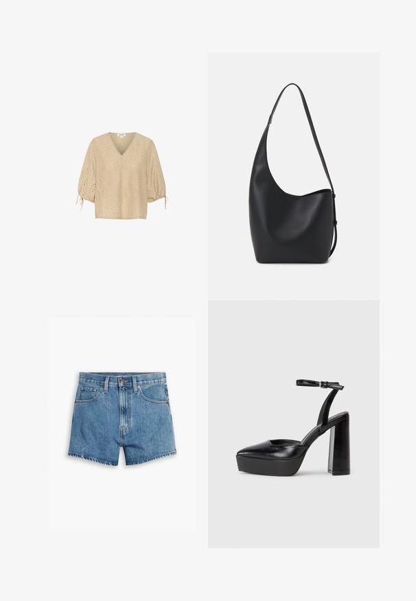 Blouse beige à col en V avec des manches ballons courtes, ornée de motifs en losanges et de découpes. Le tissu est léger et texturé.; Shorts en denim bleu clair, comportant cinq poches, un zip et un bouton de fermeture. L'ourlet est effiloché, avec une coupe décontractée.; Escarpins noirs à plateforme avec un bout pointu et une sangle réglable à la cheville. Conçus en cuir lisse, avec un large talon bloc.; Sac hobo en cuir noir avec une texture lisse, une forme incurvée et une seule sangle réglable ; dispose d'une large ouverture en haut.