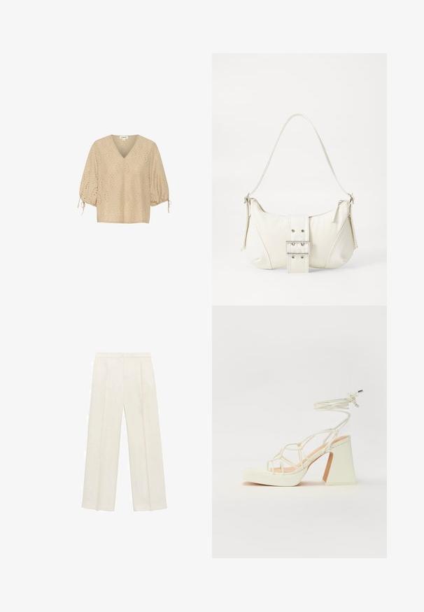 Beige V-Ausschnitt-Bluse mit kurzen Ballonärmeln, die mit Rautenmuster und ausgeschnittenen Details versehen ist. Das Material ist leicht und strukturiert.; Weit geschnittene Hosen in einem hellen cremefarbenen Farbton. Hergestellt aus einem glatten Stoff mit Falten an der Vorderseite und seitlichen Taschen.; Weiße High-Heel-Sandale mit einem klobigen Absatz, die über ein Riemchendesign und ein Knöchelband verfügt. Glatte Textur mit einer Plattform vorne für zusätzliche Höhe.; Weiße Schultertasche mit texturierter Oberfläche, zentralem Schnallenakzent und geschwungener Form. Reißverschluss an beiden Seiten.