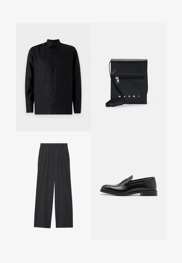 Zwarte linnen overhemd met lange mouwen, knoopsluiting aan de voorkant, puntige kraag, enkele borstzak en een gladde textuur.; Wijd-uitlopende broeken van donkergrijze stof. Kenmerken zijn plooien bij de taille, een tailor-made ontwerp en een rechte silhouet.; Zwarte leren instappers met een gladde textuur, ronde neus en een decoratieve band over de wreef. Lage, gestapelde hak en minimalistisch ontwerp.; Zwarte leren schoudertas met een ritsvak aan de voorkant, reliëflogo en verstelbare schouderband. Soepele textuur met een gestructureerde vorm.