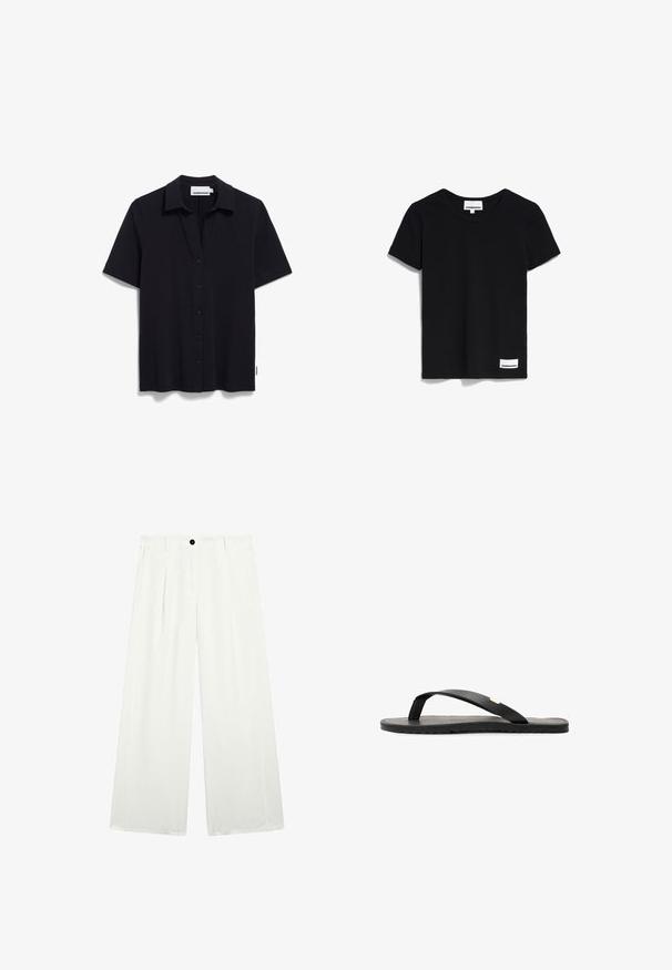 Schwarz kurzärmliges Hemd aus einem weichen Stoff, mit einer durchgehenden Knopfleiste und einem klassischen Kragen. Einfaches Design ohne sichtbare Muster oder Akzente.; Schwarzes Kurzarm-T-Shirt aus glattem Baumwollstoff. Mit einem runden Halsausschnitt und einem kleinen Etikett am Saum mit dem Text "ARMEDANGELS".; Weite Hosen aus weißem Stoff, mit einem einzelnen schwarzen Knopf an der Taille, zwei Fronttaschen und einer glatten, klaren Textur.; Schwarze Flip-Flop-Sandale mit flacher Sohle, strukturiertem schwarzen Fußbett, glatten Riemen und einem kleinen goldenen Akzent nahe dem Zehensteg.