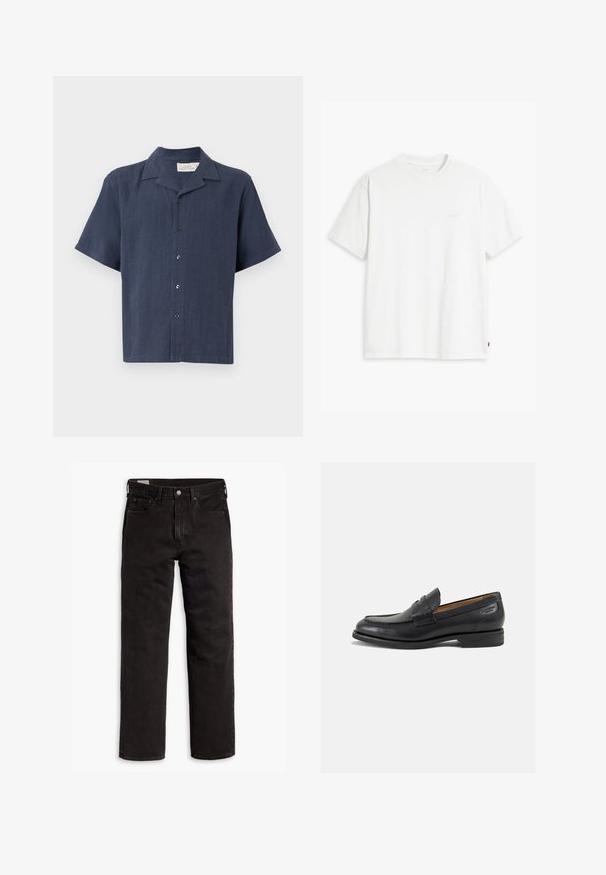 Camisa de manga corta con botones en azul marino oscuro, hecha de tejido texturizado. Presenta un cuello clásico y cinco botones negros en el frente.; Camiseta de algodón blanca con mangas cortas, cuello redondo y sutil logo de Levi's impreso en el centro. Textura suave y ajuste estándar.; Vaqueros de mezclilla negros de pierna recta con cinco bolsillos, cierre de botón y trabillas para cinturón, dispuestos sobre un fondo blanco.; Mocasines de cuero negro con un acabado suave, punta redondeada y costuras decorativas en la parte superior. Tacón bajo apilado y un ligero brillo.