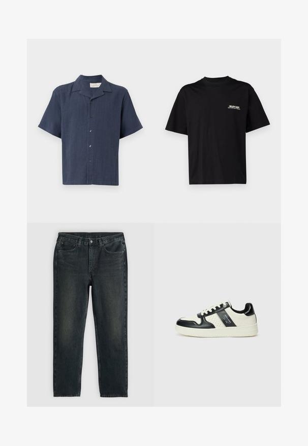Camicia a maniche corte con bottoni di colore blu scuro, realizzata in tessuto testurizzato. Presenta un colletto classico e cinque bottoni neri sulla parte anteriore.; T-shirt in cotone nero con maniche corte, scollatura rotonda e stampa in bianco e oro sulla parte sinistra del petto, caratterizzata da una vestibilità rilassata.; Jeans in denim blu scuro con taglio dritto, dotati di cinque tasche, chiusura con zip e cuciture a contrasto. Leggera scoloritura sul tessuto.; Sneakers in pelle con una combinazione di colori nero e crema, dotati di dettagli perforati, collare imbottito e suola testurizzata.