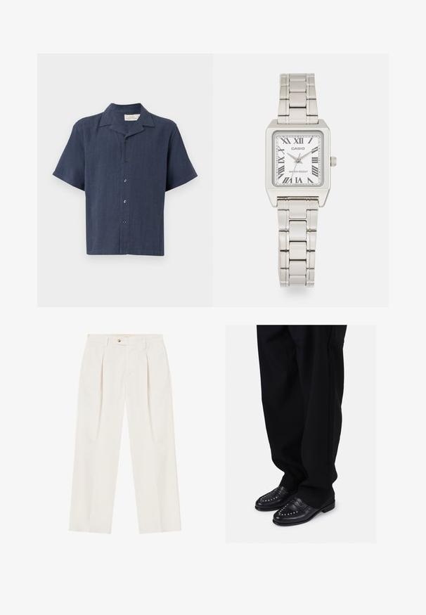 Cămașă cu mâneci scurte, cu nasturi, într-o nuanță de bleumarin închis, realizată dintr-un material texturat. Dispune de un guler clasic și cinci nasturi negri pe față.; Pantaloni albi, cu croi larg, cu pliuri în față, sistem de închidere cu un singur nasture și buzunare laterale. Textură netedă și design atent măsurat.; Băcănii din piele neagră cu tinte decorative și un finisaj neted, asortate cu pantaloni negri largi.; Ceas de mână din metal argintiu, cu carcasă pătrată, cadran alb, cifre romane și brățară cu zale argintii. Dispune de un design rezistent la apă.