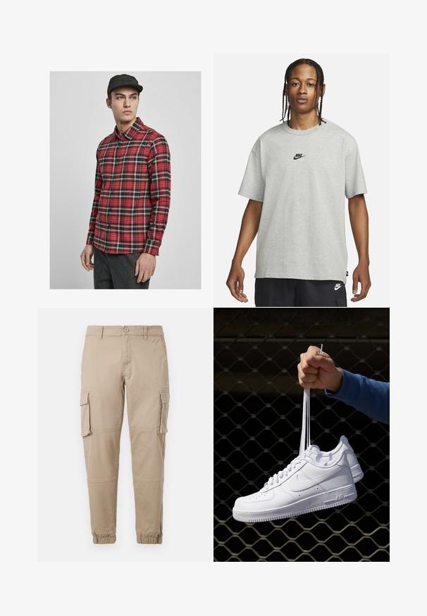 Sarkana un melna ķekaru krekls ar garām piedurknēm, pogājamā priekšpusē, apkakli un vienu krūšu kabatu. Gluda auduma virsma ar plakanu tekstūru.; Jaunietis ar pītām matēm, kas valkā gaiši pelēku Nike T-kreklu un melnas Nike šortus uz vienkārša balta fona.; Bežīgas cargo bikses izgatavotas no viegla kokvilnas materiāla. Tām ir elastīgas aproces, vairākas sānu kabatas un pogu aizdare.; Baltas ādas sporta apavi ar perforācijām, apaļu purngali, plakanu zoli un biezām šņorēm, ar redzamu swoosh logo un vārdu "AIR" uz papēža.