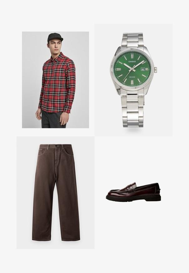 Rode en zwarte geruite langslijfshirt met knoopsluiting aan de voorkant, kraag en één borstzak. Glad materiaal met een vlakke textuur.; Witte T-shirt met korte mouwen en bordeauxrode afwerking, "Escape BERLIN" tekst op de voorkant in het midden, "Mitte" op de linkerborst en een cirkelvormig embleem met twee sterren op de rechterborst.; Bruine wijde broek van katoen, met een klassiek vijf-pocketdesign, een ritsgulp en zichtbare stikseldetails.; Bruine leren loafers met een ronde neus, gedetailleerde stiksels en een rubberen zool. Voorzien van een decoratieve band, gladde textuur.; Zilveren roestvrijstalen horloge met een ronde groene wijzerplaat, zilveren uurmarkeringen, datumsdisplay en een metalen schakelband. Waterbestendig tot 50 meter.