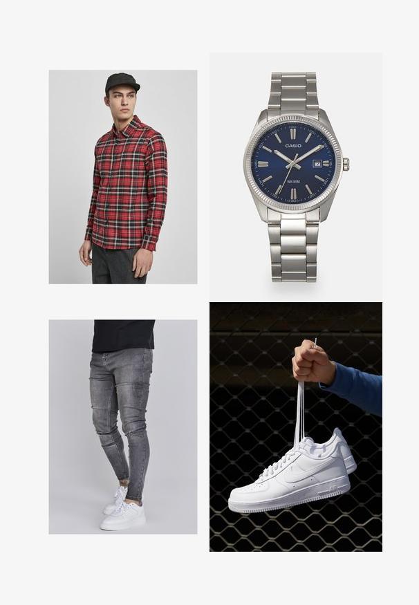 Cămașă cu mânecă lungă, în carouri roșii și negre, cu închidere cu butoni, guler și un singur buzunar pe piept. Material neted cu o textură plată.; Blugi skinny din denim gri estompat, cu detalii uzate la genunchi, asortați cu adidași albi. Textură netedă, design slim fit.; Adidași albaștri din piele cu perforații, vârf rotund, talpă plată și șireturi groase, cu un logo swoosh vizibil și cu inscripția "AIR" pe toc.; Ceas de mână din oțel inoxidabil argintiu cu un cadran albastru marin, marcaje orare metalice și o fereastră pentru dată la ora 3. Rezistent la apă până la 50 de metri.