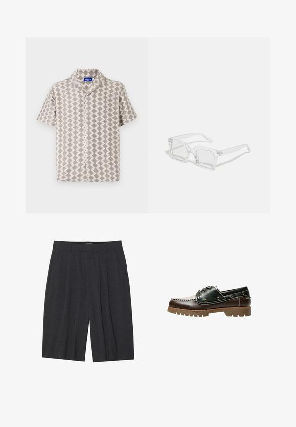 Koszulka z krótkim rękawem z beżowego i szarego materiału, zdobiona geometrycznym wzorem, o teksturowanej powierzchni i kołnierzem z wycięciem oraz zapięciem na guziki.; Biała bawełniana koszulka z długim rękawem z okrągłym dekoltem i ściągaczami. Prosty, nieozdobny design, charakteryzujący się gładką fakturą i standardowym krojem.; Ciemnoszare plisowane szorty wykonane z teksturowanej tkaniny, z elastycznym pasem i prostym krojem nogawki, bez widocznych kieszeni lub detali.; Brązowe i zielone skórzane buty żeglarskie z białą nićką, okrągłymi sznurowadłami i teksturowaną gumową podeszwą. Trwała konstrukcja z metalowymi oczkami.; Przezroczyste prostokątne okulary przeciwsłoneczne z grubą plastikową ramą, z lekko przyciemnionymi soczewkami i bez dodatkowych wzorów czy detali.