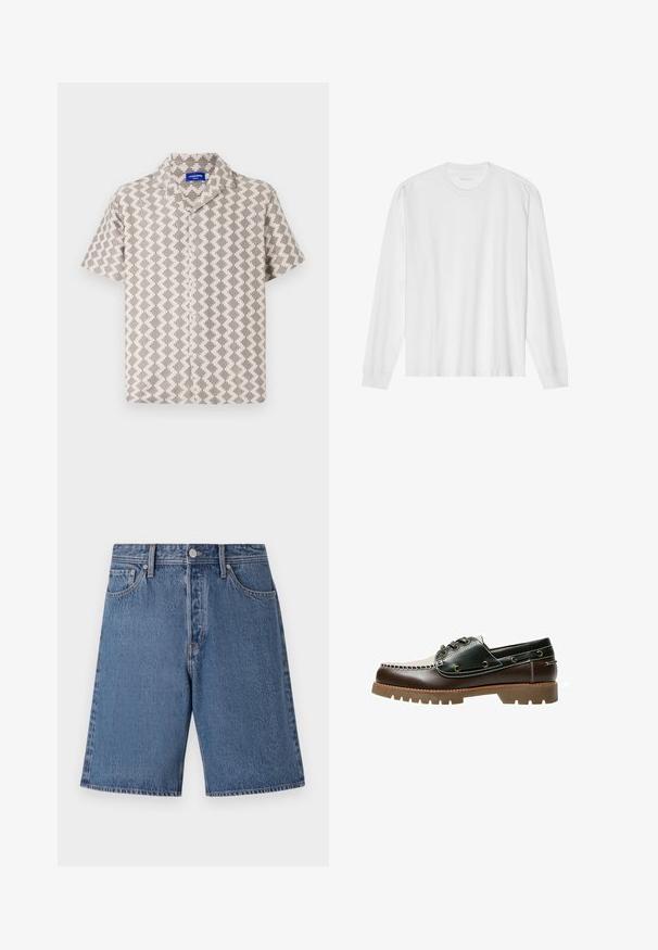 Košile s krátkým rukávem v béžové a šedé látce, zdobená geometrickým vzorem, texturovaným povrchem a výstřihem s knoflíkovým zapínáním.; Bílá bavlněná trička s dlouhými rukávy, kulatým výstřihem a žebrovanými manžetami. Jednoduchý, nezdobený design, s hladkou strukturou a standardním střihem.; Džínové šortky v světle modré barvě s vybledlým vzhledem, designem s pěti kapsami a zapínáním na knoflík v pase.; Hnědé a zelené kožené lodní boty s bílým šitým vzorem, kulatými šňůrkami a texturovanou gumovou podrážkou. Odolná konstrukce s kovovými očky.