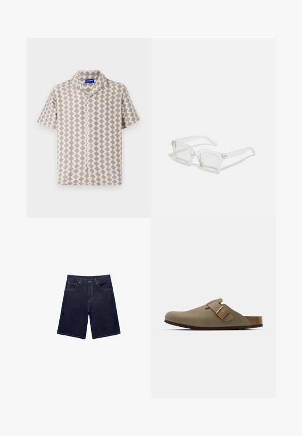 Camicia a maniche corte in tessuto beige e grigio con un motivo geometrico, superficie testurizzata e colletto a scollo a V con chiusura a bottoni.; Shorts in denim di un blu scuro, caratterizzati da un taglio classico, design a cinque tasche e cuciture a contrasto. Tessuto liscio con una cintura robusta.; Zoccoli marroni con una finitura liscia opaca. Presentano una borsa in bronzo prominente sul lato. Sottopiede in sughero e suola in gomma per il comfort.; Occhiali da sole rettangolari trasparenti con una montatura in plastica spessa, dotati di lenti leggermente oscurate e senza ulteriori motivi o decorazioni.