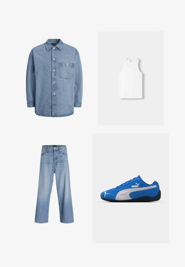 Světle modrá džínová košile s klasickým límečkem, předním zapínáním na knoflíky a jednou náprsní kapsou s klopou a patentním knoflíkem.; Bílý bavlněný top na ramínka s kulatým výstřihem, širokými ramínky a rovním lemem, s hladkou texturou a bez viditelných vzorů.; Světle modré džínové kalhoty širokého střihu s vysokým pasem, s knoflíkovým zapínáním, pětikomorovým designem a jemným ombré efektem. Čistý lem.; Modré sportovní boty s úpravou z semiše, s bílou boční částí a černou gumovou podrážkou. Obsahují vyvýšené logo PUMA na boku.
